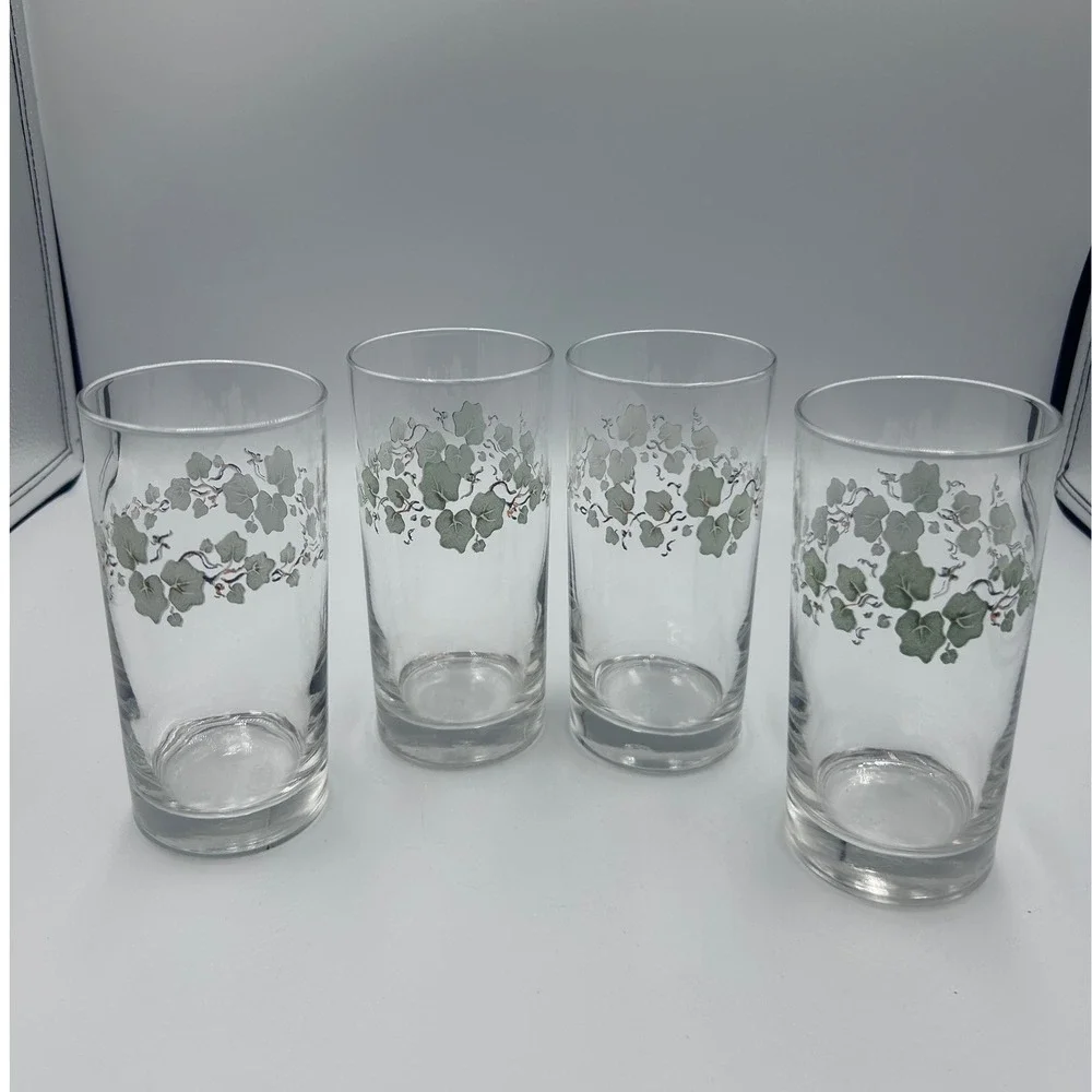 Set of 4: Vintage Corelle Callaway Green Ivy Pattern 16 oz Glass Juice Glasses